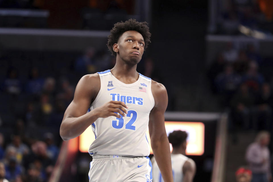 Memphis' James Wiseman comes down court during the first half of an NCAA college basketball game against Illinois-Chicago Friday, Nov. 8, 2019, in Memphis, Tenn. (AP Photo/Karen Pulfer Focht)