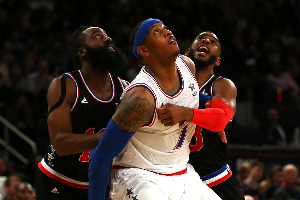 James Harden, Carmelo Anthony and Chris Paul would give the Rockets three dynamic individual scorers to attack opposing defenses. (Getty)