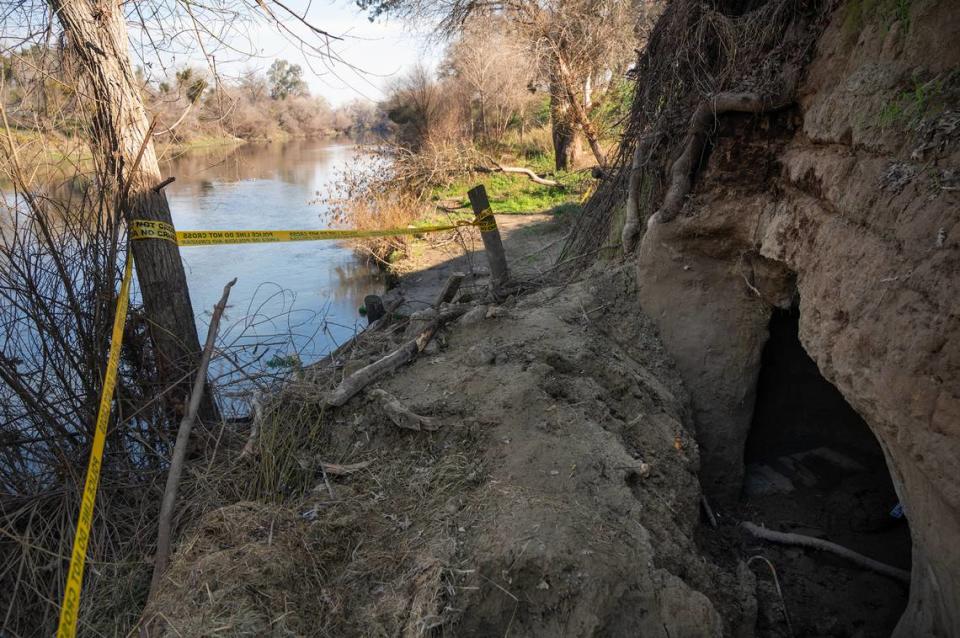 Homeless people have been digging elaborate caves into the bank of the Tuolumne River along Crater Avenue in Modesto on Tuesday, Jan. 30, 2024.