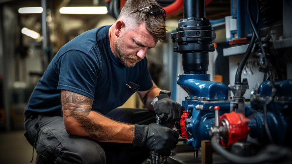 A plumber in a workshop, installing a water control and backflow device.