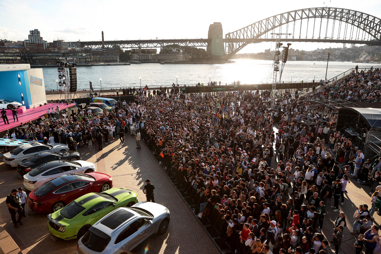 MrBeast, aka Jimmy Donaldson, performs with members of the crowd during the MrBeast Feastables launch at the Sydney Opera House in June.