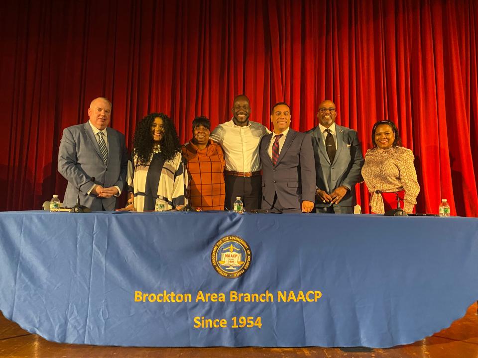 Brockton's NAACP held a debate for City Council at-large candidates on Wednesday, Oct. 11, 2023, at West Middle School. From left: Candidate Steve Hooke, NAACP President Phyllis Ellis, candidates Cynthia D. McCall-Hodges, Jean Bradley Derenoncourt and Jamal Brathwaite, and moderators Steven Abrams and Shahara Jaghoo.