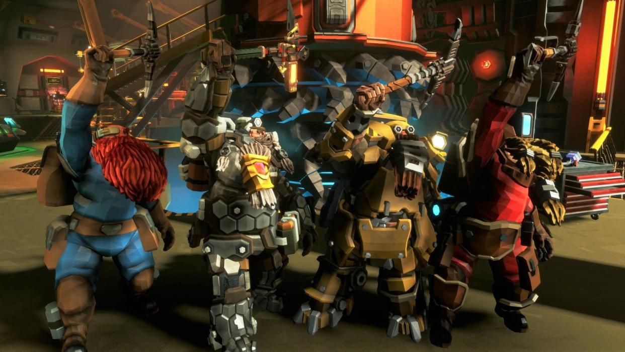  A team of dwarves doing the rock and stone salute in Deep Rock Galactic. 