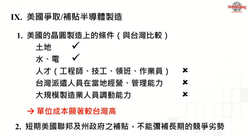 張忠謀觀察，美國發展半導體的單位成本顯著較台灣高。擷取自張忠謀演說直播