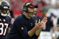 Chicago Bears head coach Matt Nagy reacts during the first half of an NFL football game against the Tampa Bay Buccaneers Sunday, Oct. 24, 2021, in Tampa, Fla. (AP Photo/Jason Behnken)