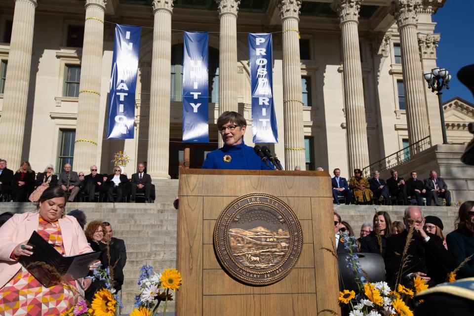 Gov. Laura Kelly gives remarks after taking the Oath of Office during the inauguration Monday afternoon at the Statehouse.