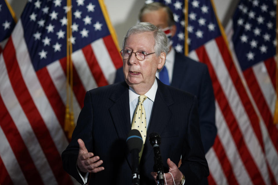 WASHINGTON, July 21, 2020 -- U.S. Senate Majority Leader Mitch McConnell speaks during a press conference on Capitol Hill in Washington, D.C., the United States, on July 21, 2020. McConnell said on Tuesday that the next COVID-19 relief bill will include a second round of stimulus checks to American households and Paycheck Protection Program loans for small businesses.  (Photo by Ting Shen/Xinhua via Getty) (Xinhua/ via Getty Images)