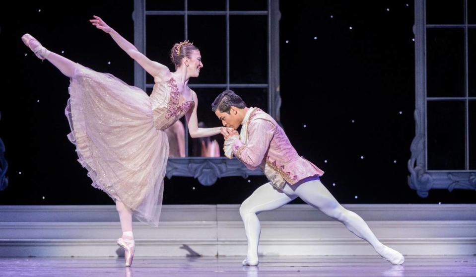 As Cinderella, Michelle Katcher is kissed by Prince Charming (Victor Maguad) when they meet at the ball during a Sacramento Ballet dress rehearsal of Cinderella on Thursday at the SAFE Credit Union Performing Arts Center. Lezlie Sterling/lsterling@sacbee.com