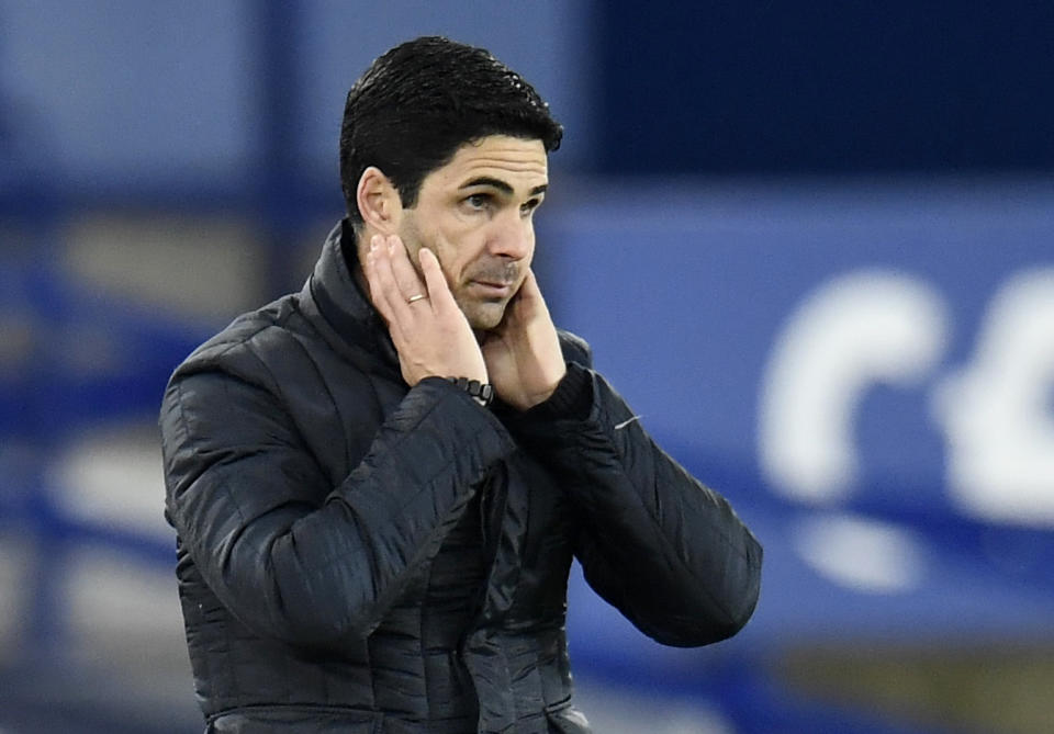 Arsenal manager Mikel Arteta looks dejected after their 1-2 EPL loss against Everton. 