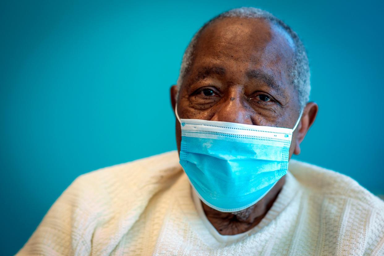 Baseball Hall of Famer Hank Aaron after receiving his Covid-19 vaccination at the Morehouse School of Medicine in Atlanta on 5 January 2021 (AP)