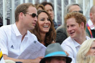 LONDON, ENGLAND - JULY 31: Prince William, Duke of Cambridge, Catherine, Duchess of Cambridge and Prince Harry look on during the Show Jumping Eventing Equestrian on Day 4 of the London 2012 Olympic Games at Greenwich Park on July 31, 2012 in London, England. (Photo by Pascal Le Segretain/Getty Images)