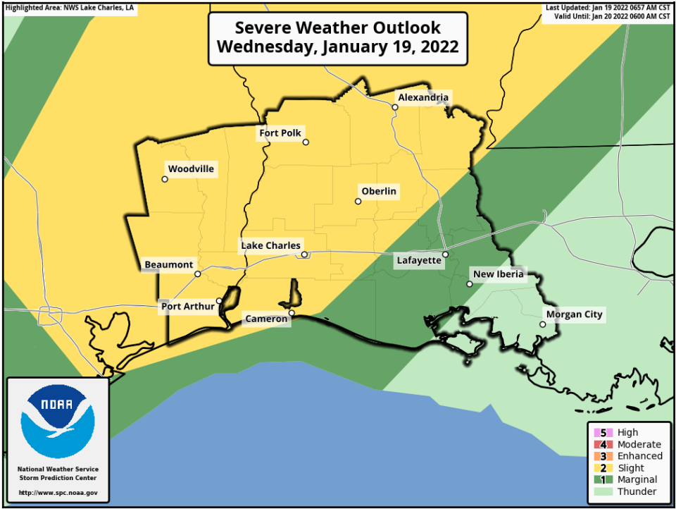 Southwest Louisiana is bracing for the potential for severe weather on Jan. 19, 2022, as a cold front moving across the area could bring damaging winds and isolated tornadoes.
