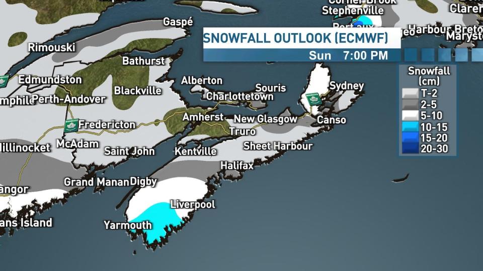 Estimated snowfall amounts across Nova Scotia by 7 p.m. Sunday.