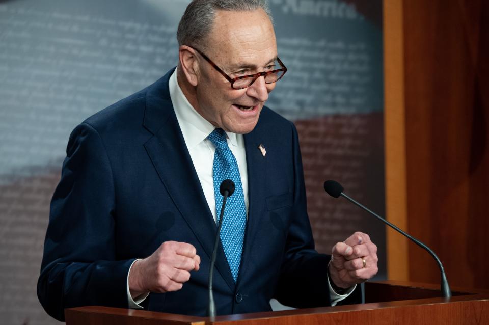 US Senate Minority Leader Chuck Schumer, Democrat of New York, speaks during a press conference at the US Capitol in Washington, DC, January 6, 2021. (Saul Loeb/AFP via Getty Images)