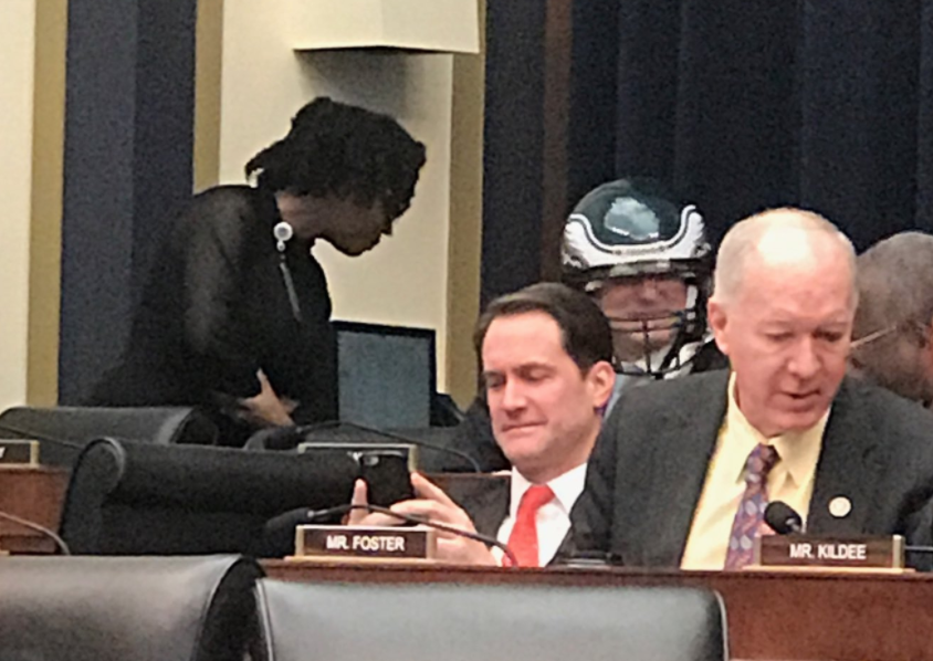 Massachusetts representative Michael Capuano wears a Philadelphia Eagles helmet at a hearing in Washington. (Photo: Alan Rappeport on Twitter)