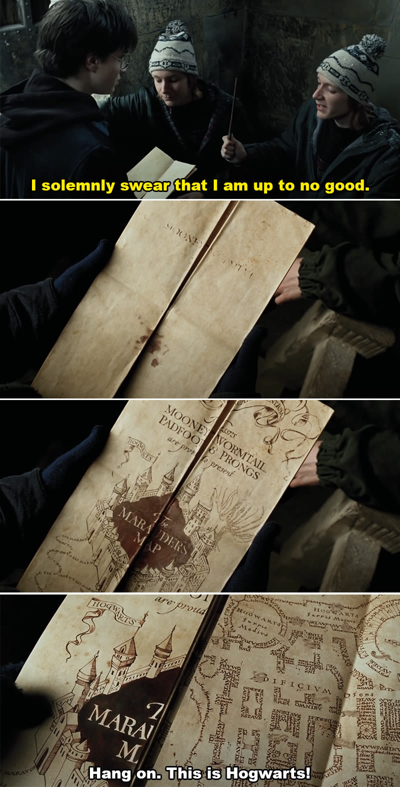 Harry Potter shows Marauder's Map to Hermione and Ron, who look intrigued. The map is detailed with room names and footprints
