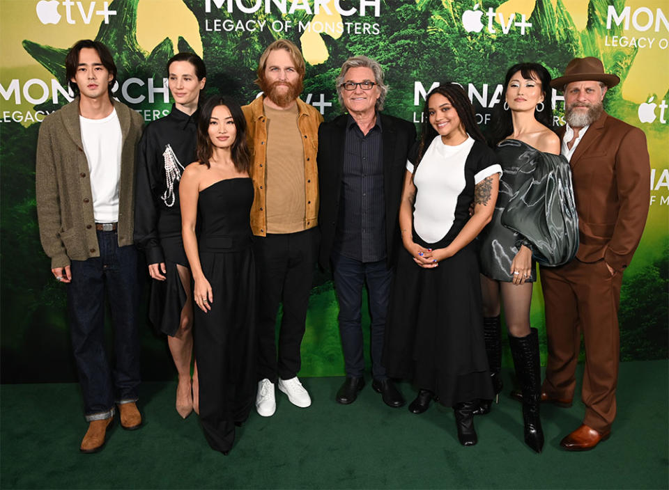 Ren Watabe, Elisa Lasowski, Anna Sawai, Wyatt Russell, Kurt Russell, Kiersey Clemons, Mari Yamamoto and Joe Tippett attend Apple TV+ New Series Monarch Legacy Of Monsters Photo Call at The London West Hollywood at Beverly Hills on December 08, 2023 in West Hollywood, California.