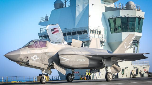 An F-35B stealth jet of the US Marines Corps VMFA-211 (The Wake Island Avengers) aboard the Royal Navy carrier HMS Queen Elizabeth 