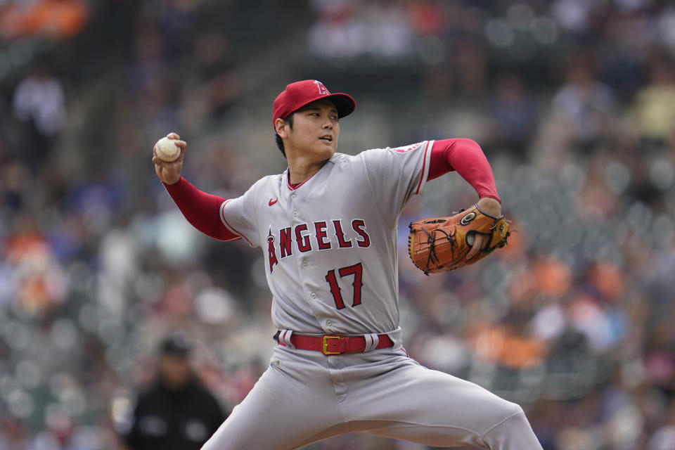 Los Angeles Angels pitcher Shohei Ohtani throws against the Detroit Tigers in the fourth inning of a baseball game in Detroit, Sunday, Aug. 21, 2022. (AP Photo/Paul Sancya)