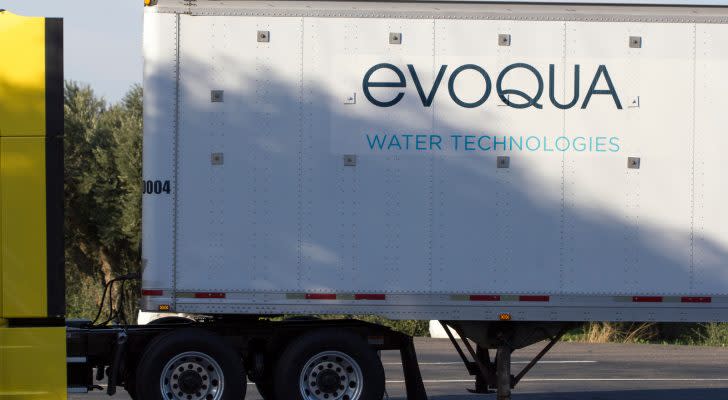 An EVOQUA branded truck is seen parked in an I-5 rest area