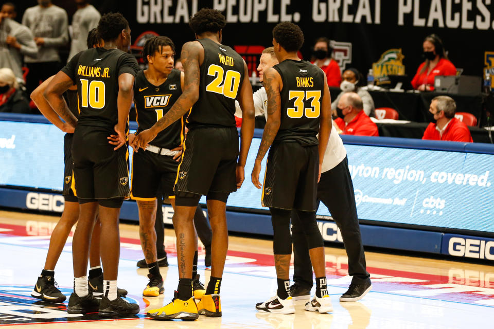 VCU coach Mike Rhoades talks to his team during a timeout during a game between the Rams and the Dayton Flyers on March 14.  (Scott W. Grau/Icon Sportswire via Getty Images)