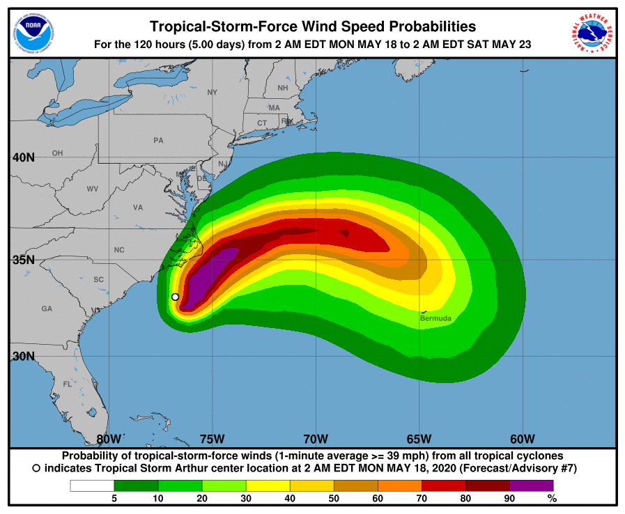 Wind speed probabilities for Tropical Storm Arthur from Monday until Saturday. | National Hurricane Center