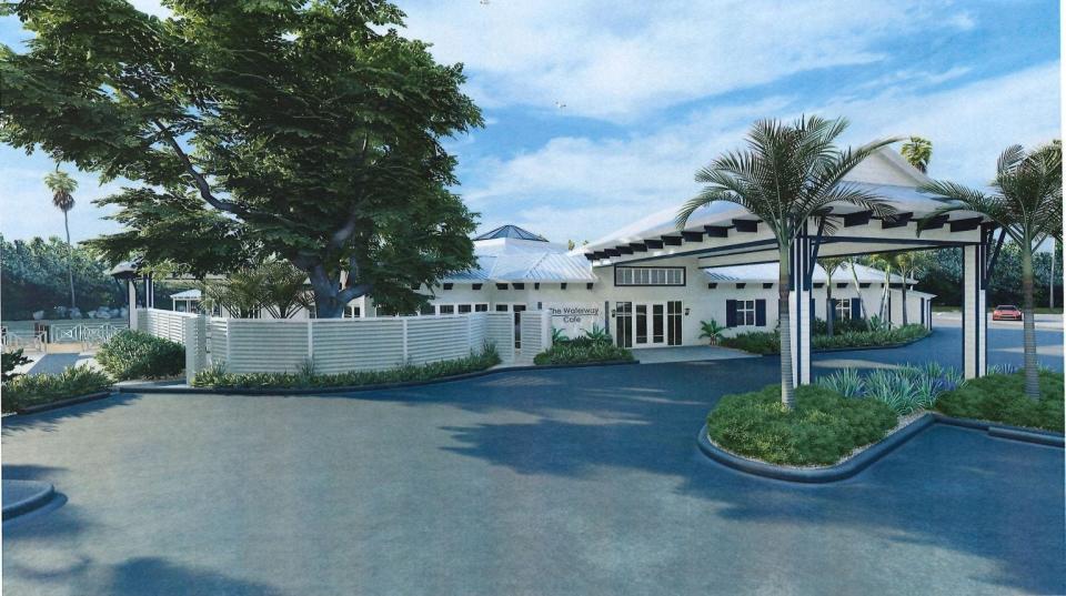 Waterway Cafe in Palm Beach Gardens will close Sunday, Aug. 20 for renovations. This artist's rendering shows what the front of the restaurant will look like. The parking lot will lose a few spots, but have more green areas.