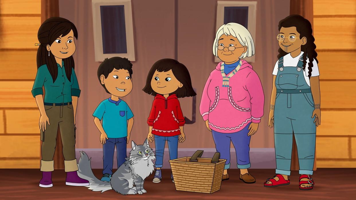 Animated frame from Molly of Denali characters standing in front of a doorway.