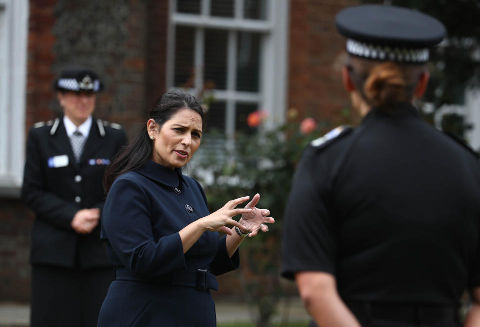 Home Secretary Priti Patel meets new recruits during a visit to Sussex Police Headquarters in Lewes, East Sussex. (Photo by Gareth Fuller/PA Images via Getty Images)