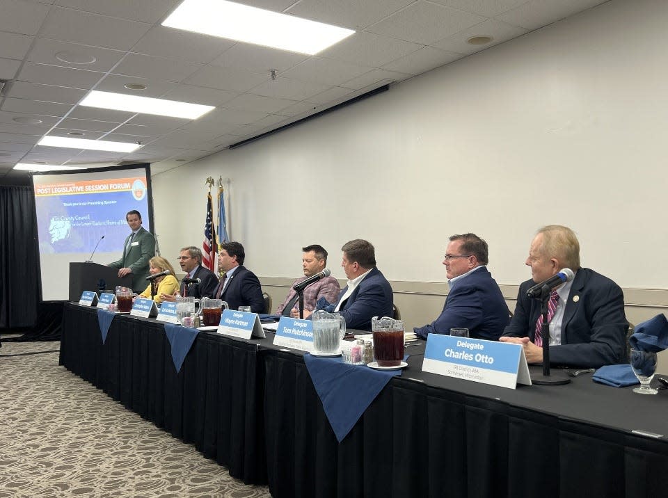 At table second from left, state Sen. Johnny Mautz, R-Talbot/Caroline/Dorchester/Wicomico, speaks during an event hosted by the Salisbury Area Chamber of Commerce in Salisbury, Md. on April 24, 2024. The legislators recently concluded their 90-day scheduled session.