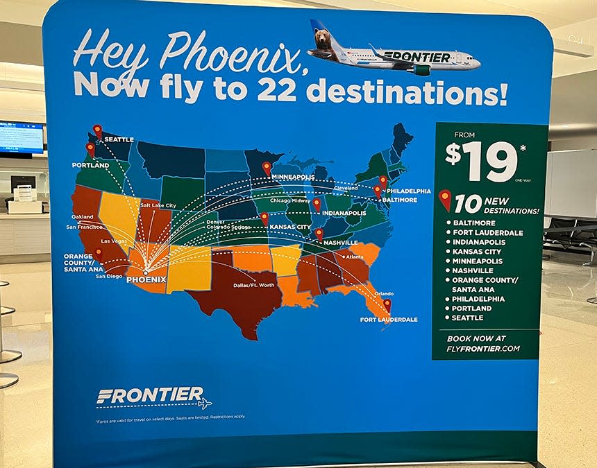 A sign in Terminal 3 at Phoenix Sky Harbor International Airport on Aug. 26, 2022, announces the airline's new flights from Phoenix.