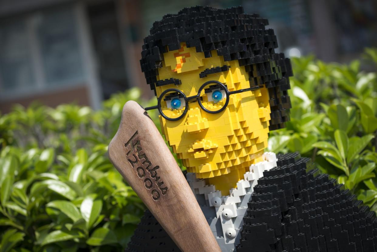 Gattinara, Italy - June 6, 2013: The fictional character Harry Potter made of Lego bricks outside a toy store.