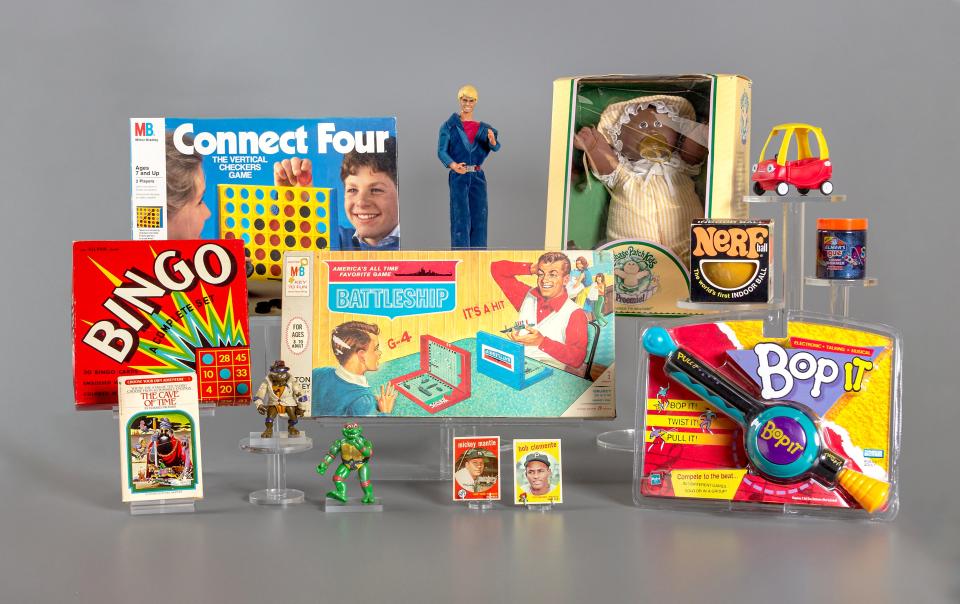 The 12 finalists in 2023 for the National Toy Hall of Fame include: baseball cards, Battleship, bingo, Bop It, Cabbage Patch Kids, Choose Your Own Adventure gamebooks, Connect 4, Ken, Little Tykes Cozy Coupe, Nerf, slime, Teenage Mutant Ninja Turtles.
