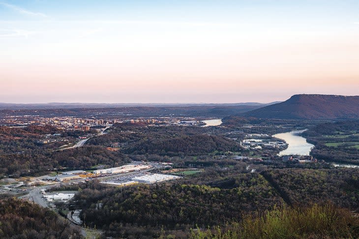 <span class="article__caption"> View from the top of Signal Mountain over downtown Chattanooga, with Lookout Mountain at the top right</span> (Photo: Nathalie DuPre)