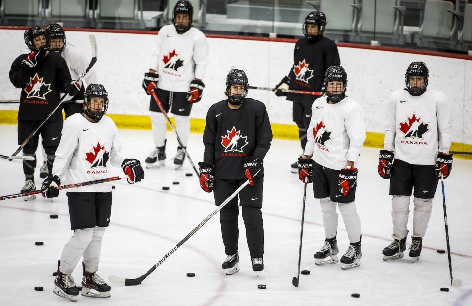 Members of Hockey Canada’s National Women’s Program attend selection camp in Calgary, Alta., in August. THE CANADIAN PRESS/Jeff McIntosh