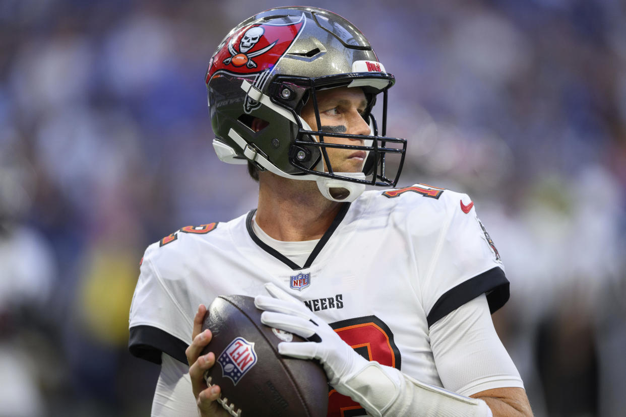 The first Sunday Night Football game of the NFL season is Tom Brady and the Buccaneers visiting the Cowboys. (AP Photo/Zach Bolinger)