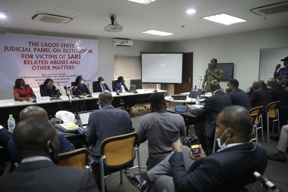 In this photo taken on Saturday Nov. 14, 2020. Brig. Gen. Ahmed Taiwo, Commander of the 81 Military Intelligence Brigade, speaks to a judicial committee, in Lagos Nigeria. Nigeria’s army has said after weeks of denial that its troop did fire shots into the air to disperse a large crowd at the Lekki Toll Plaza in Lagos where several peaceful protesters were killed late in October. (AP Photo/Sunday Alamba)