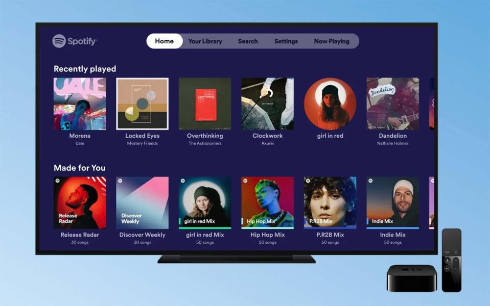 The Spotify app, one of the best Apple TV apps, on an Apple TV