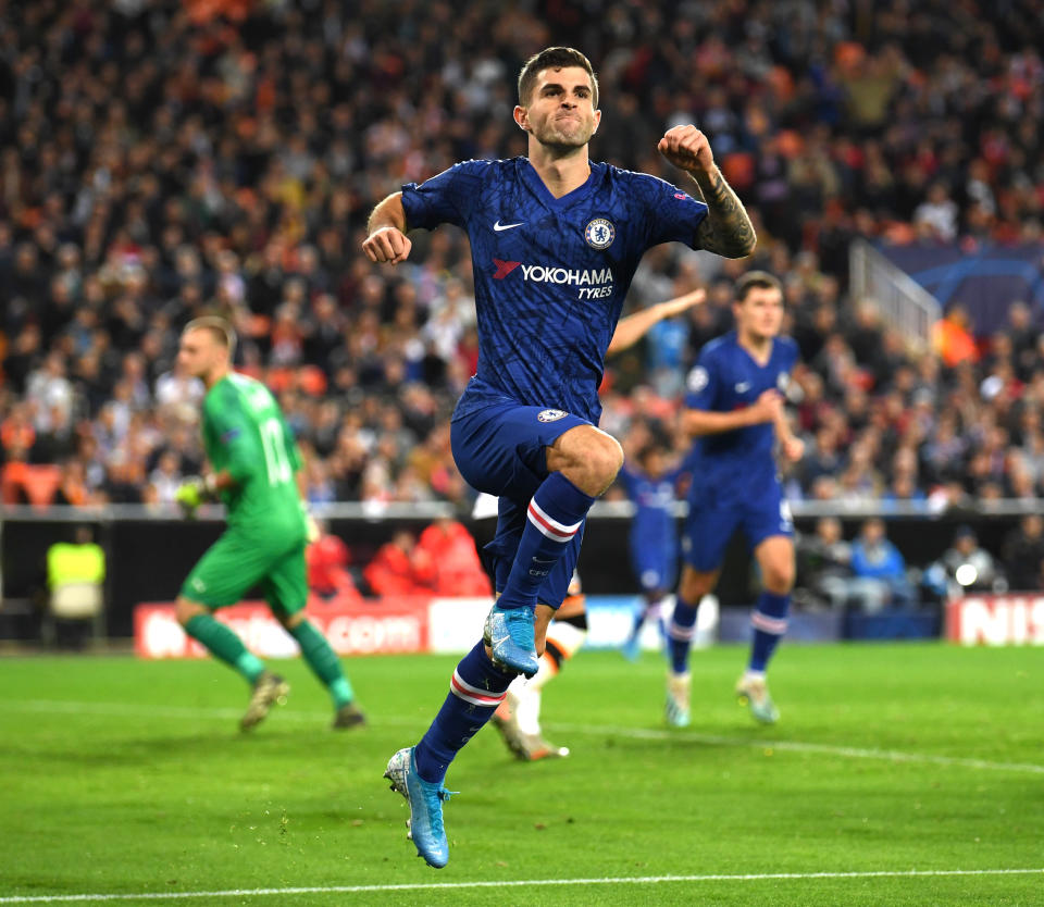 VALENCIA, SPAIN - NOVEMBER 27: Christian Pulisic of Chelsea celebrates after scoring his team's second goal during the UEFA Champions League group H match between Valencia CF and Chelsea FC at Estadio Mestalla on November 27, 2019 in Valencia, Spain. (Photo by Darren Walsh/Chelsea FC via Getty Images)