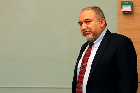 Israel's Defence Minister Avigdor Lieberman arrives to delivers a statement to the media following his party, Yisrael Beitenu, faction meeting at the Knesset, Israel's parliament, in Jerusalem November 14, 2018. REUTERS/Ammar Awad