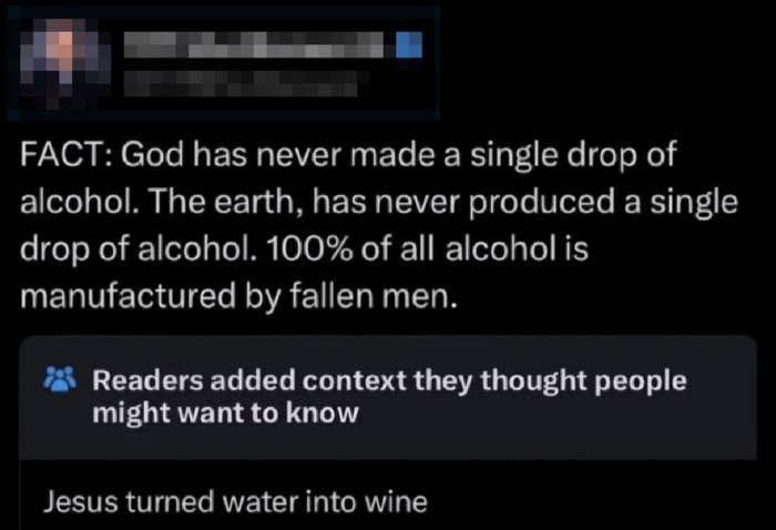 Tweet by Tiff Shuttlesworth claiming that God and Earth have never produced alcohol. Reader's note below states that Jesus turned water into wine