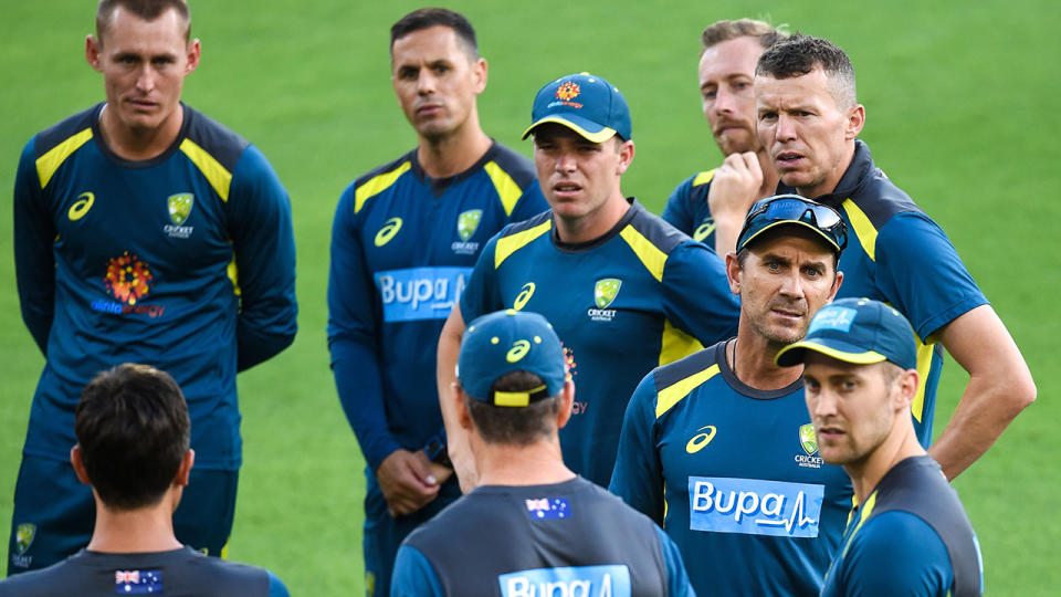 The Aussie squad at a practice session. (Photo by ISHARA S. KODIKARA/AFP/Getty Images)