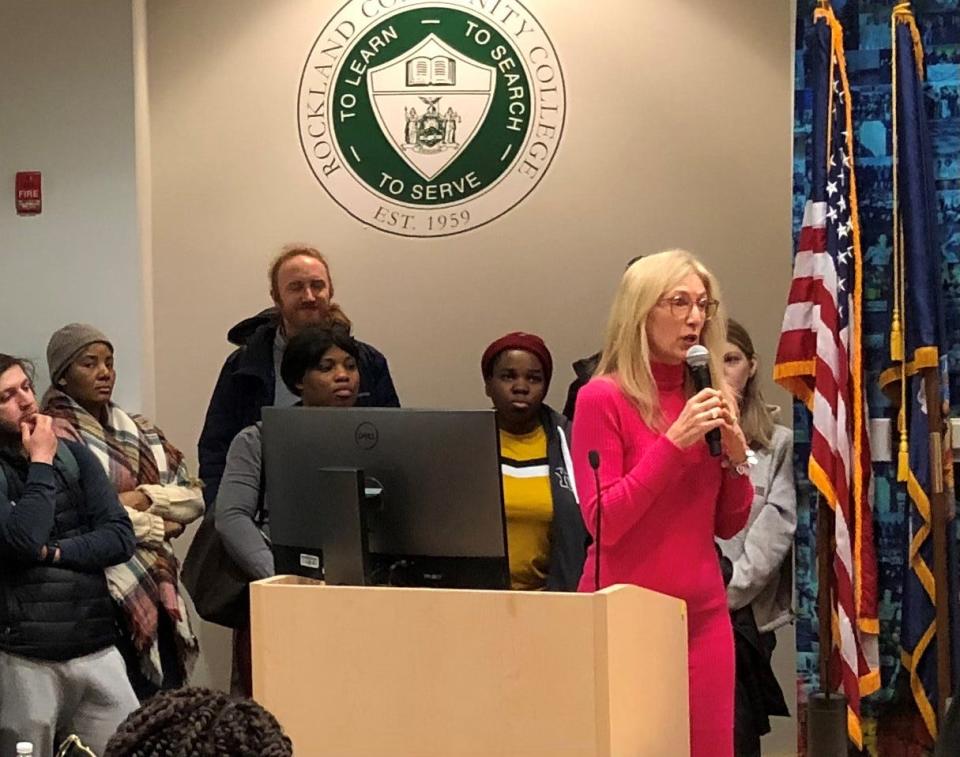 Julie Brown, director of the English Skills Academy, speaks at the March 25, 2024, SUNY Rockland Community College Board of Trustees meeting.