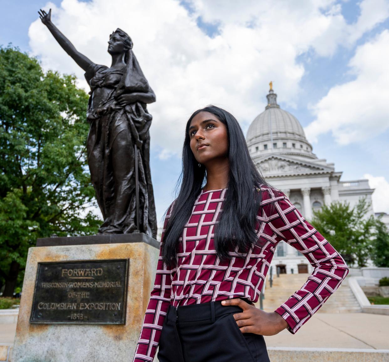 Pragnya Vella, 16, is a high school student in Sun Prairie who came to the U.S. with her parents before her second birthday. Vella, seen at the Wisconsin State Capitol, is advocating for changes to immigration policies that affect young people on dependent visas.