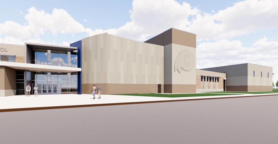 This rendering shows what the main entrance on the south side of the new Cahokia High School will look like.