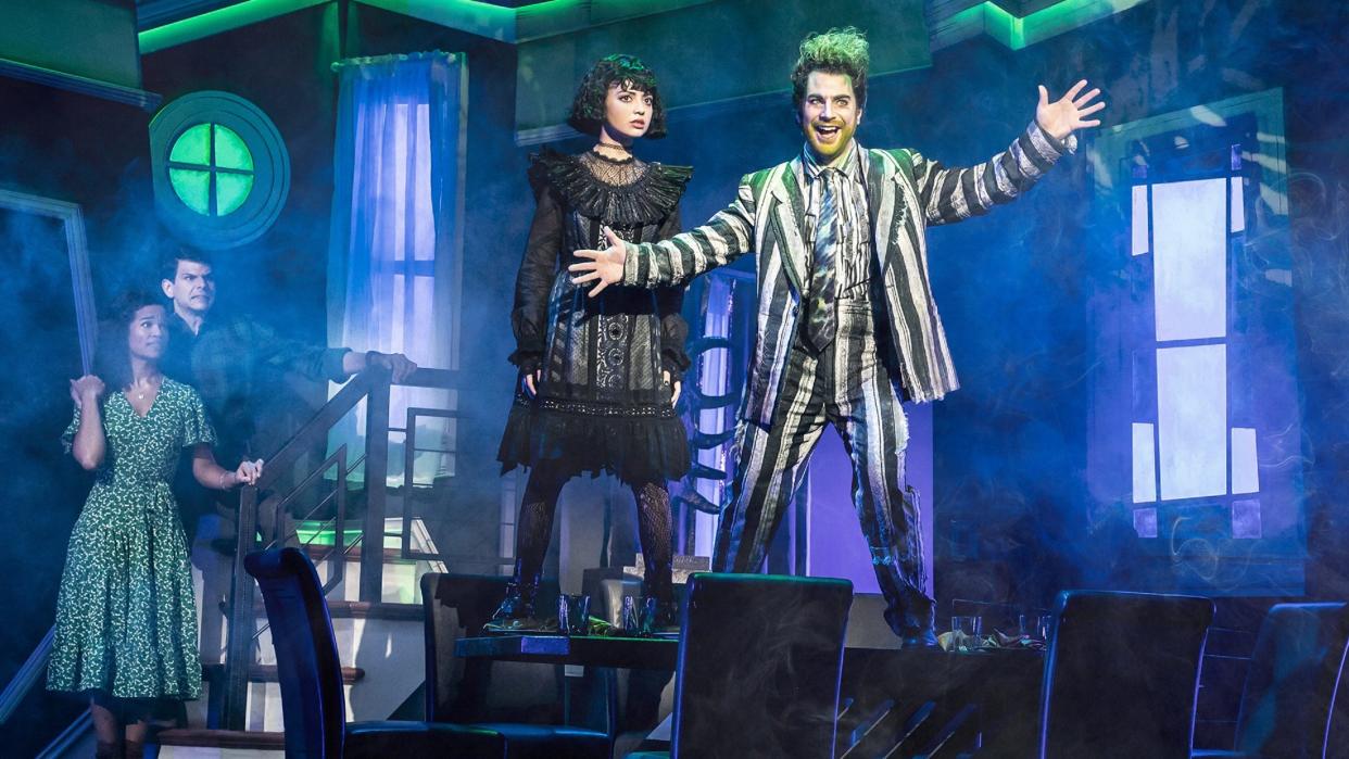 Left to right, Britney Coleman (as Barbara), Will Burton (Adam), Isabella Esler (Lydia) and Justin Collette (Beetlejuice) in the national tour of “Beetlejuice the Musical.”