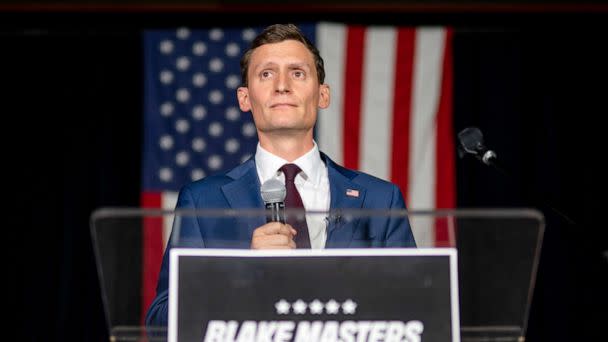 PHOTO: Republican senatorial candidate Blake Masters speaks during his election night watch party in Chandler, Ariz., Aug. 2, 2022. (Brandon Bell/Getty Images)