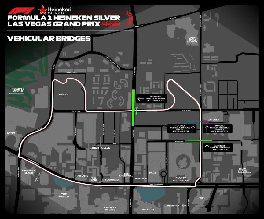 A map showing where temporary pedestrian bridges will allow approved vehicles to enter and exit the closed circuit during the November race.(LVGP)