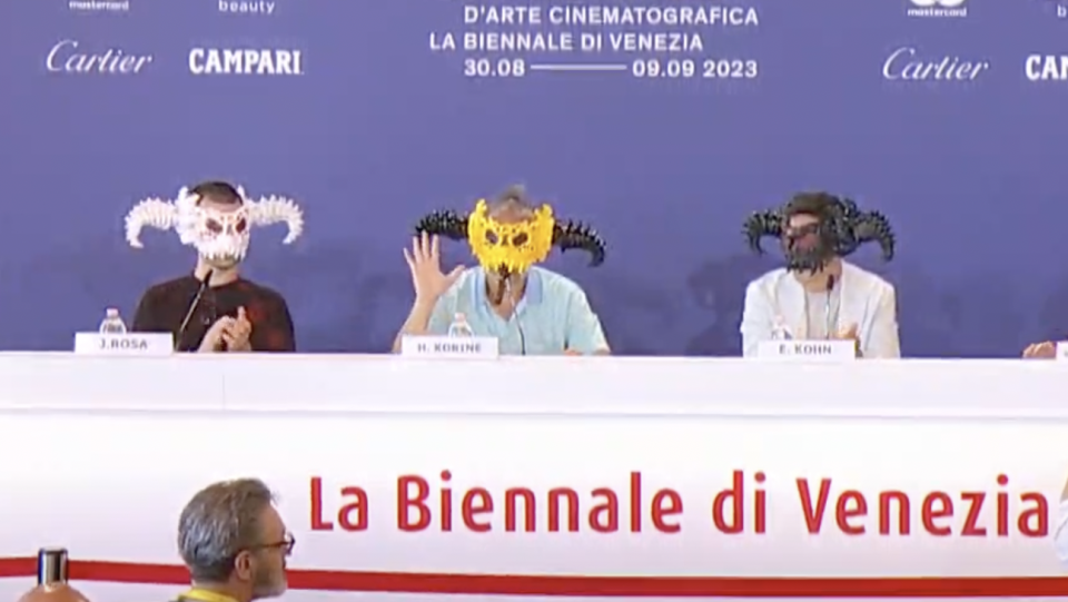 Korine and his collaborators wore horned masks during the entire press conference for ‘AGGRO DR1FT’ at the Venice Film Festival. “Video games are so advanced and so much more interesting than normal films,” he said in Italy. “I could be sitting there playing a video game for days, whereas it’s hard for me to make it through any of these films.”