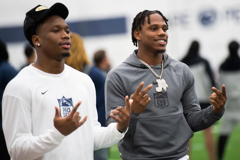 Cornerbacks Johnny Dixon (right) and Kalen King pose for a photo at Penn State's Pro Day in Holuba Hall on March 15, 2024, in State College.